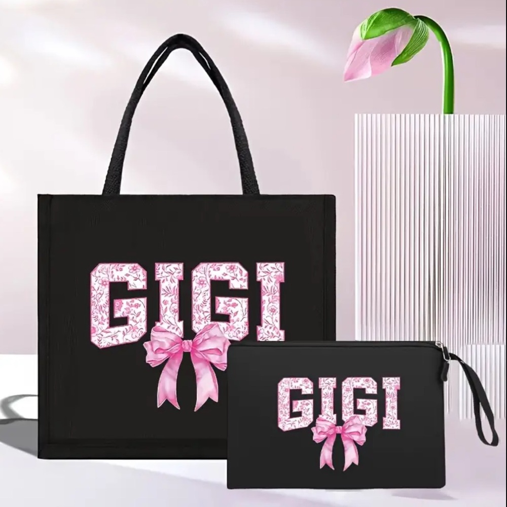 GIGI Black Tote and Clutch Set with Pink Accents, NEW - Picture 6 of 6